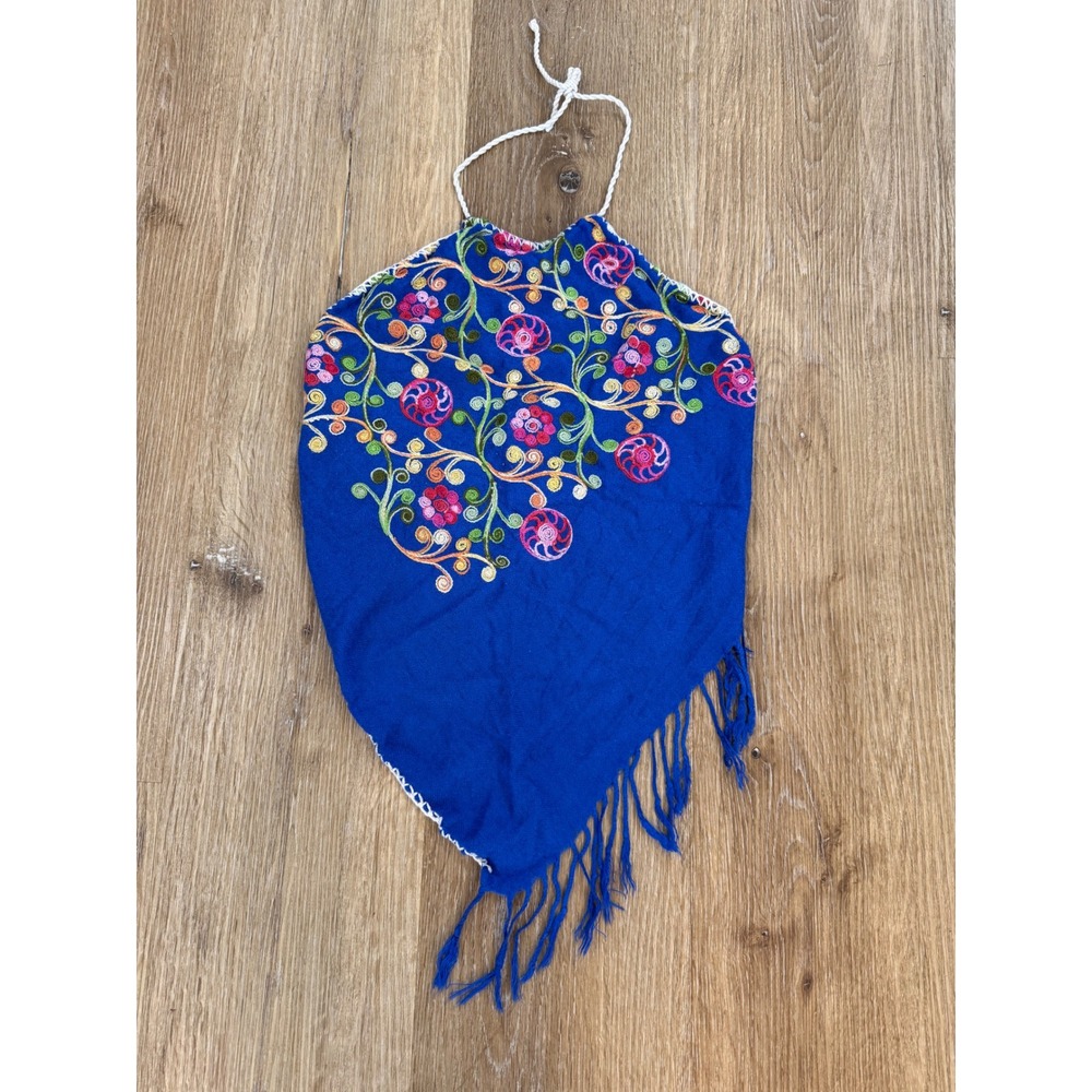 Y2K Embroidered Floral Halter Top Women One Size Blue Fringe Boho Festival‎ Folk